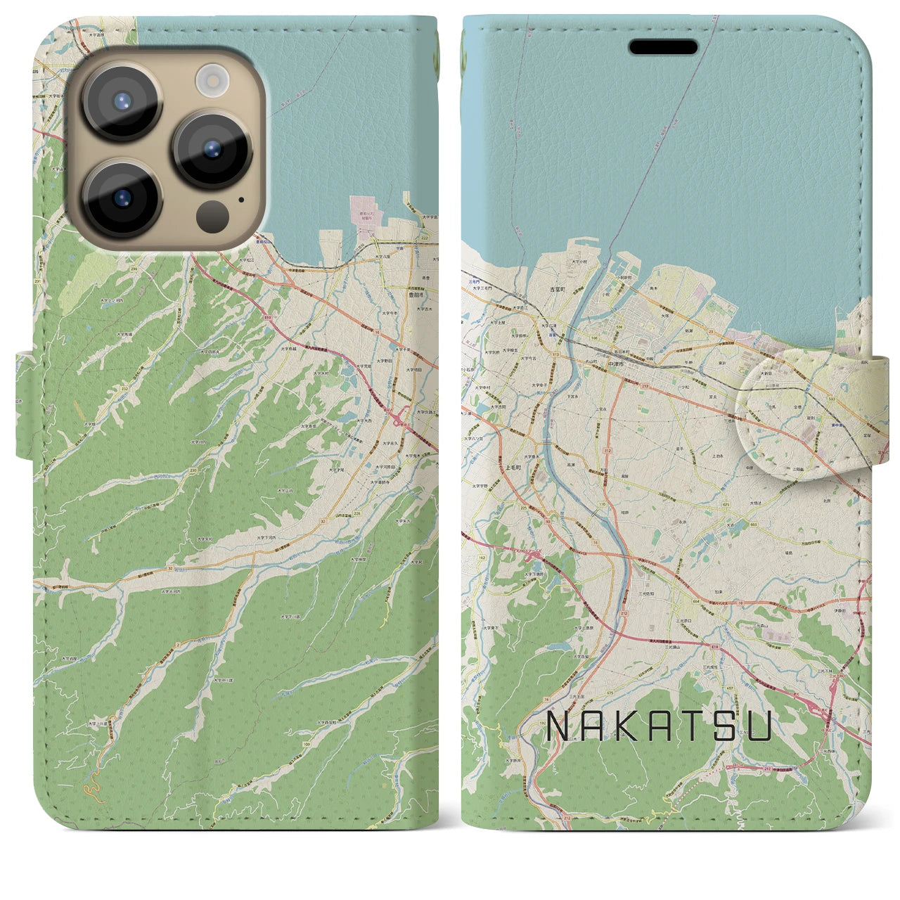 【中津(大分県)】地図柄iPhoneケース(手帳タイプ)ナチュラル・iPhone 14 Pro Max 用