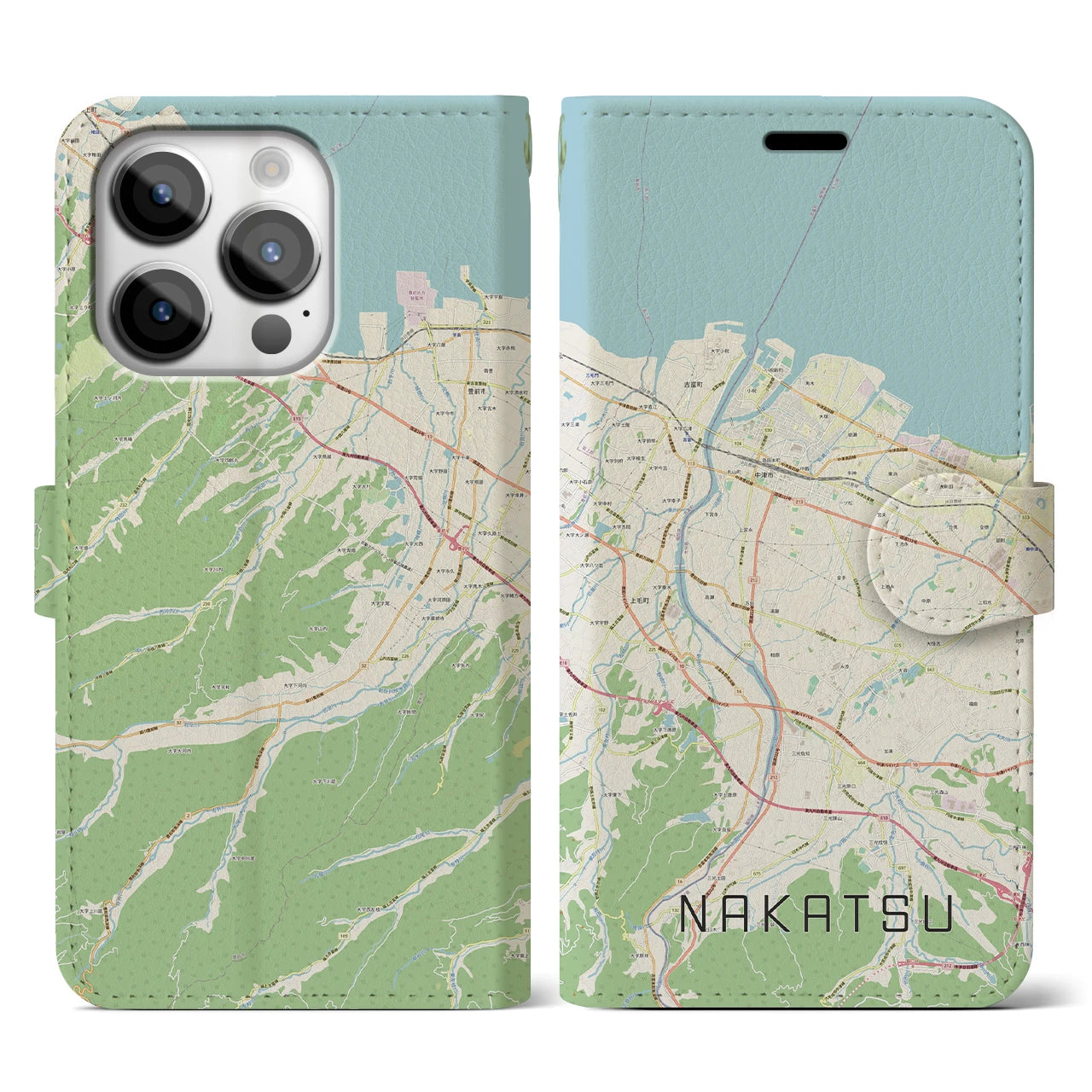 【中津(大分県)】地図柄iPhoneケース(手帳タイプ)ナチュラル・iPhone 14 Pro 用