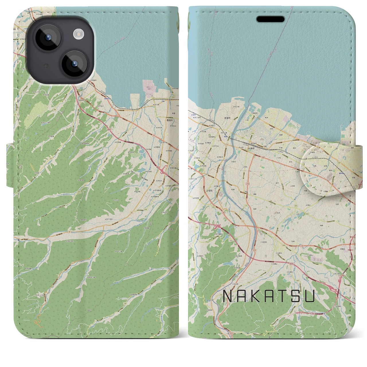 【中津(大分県)】地図柄iPhoneケース(手帳タイプ)ナチュラル・iPhone 14 Plus 用