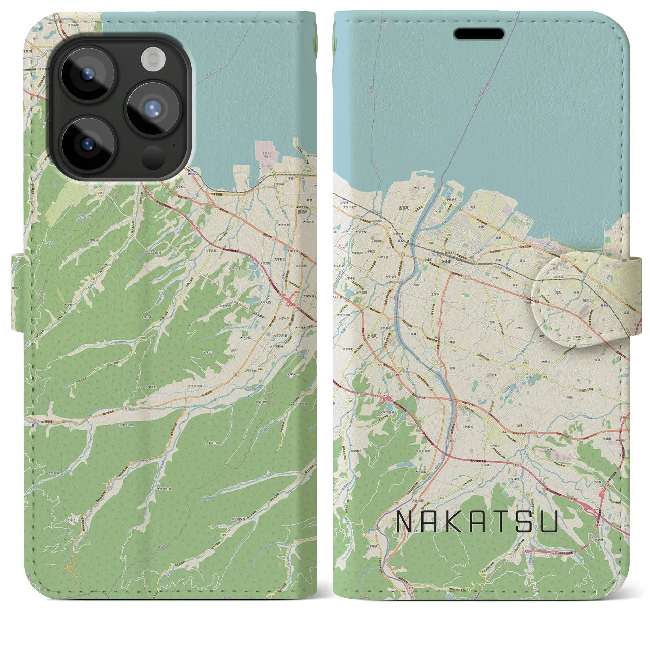 【中津(大分県)】地図柄iPhoneケース(手帳タイプ)ナチュラル・iPhone 15 Pro Max 用