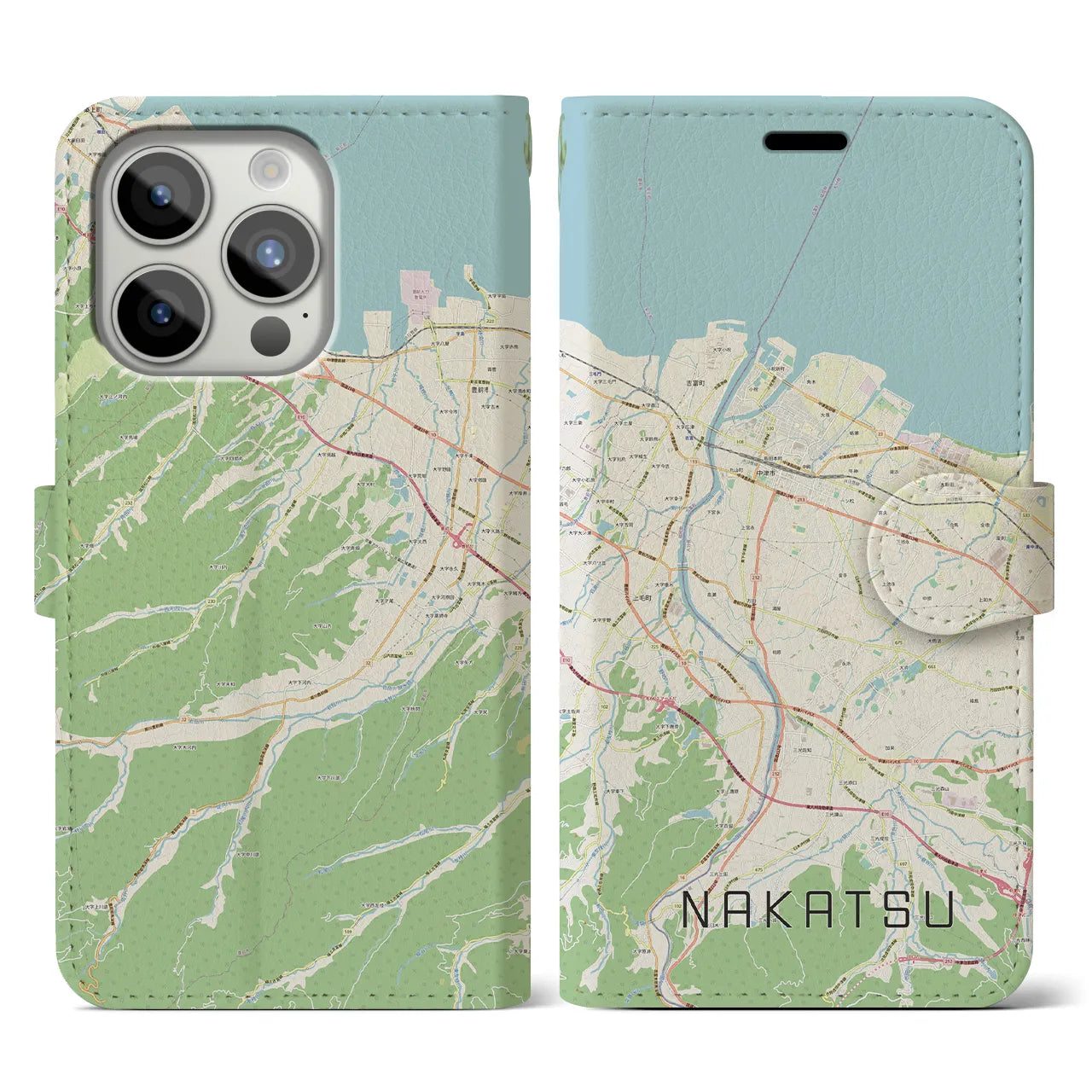 【中津(大分県)】地図柄iPhoneケース(手帳タイプ)ナチュラル・iPhone 15 Pro 用