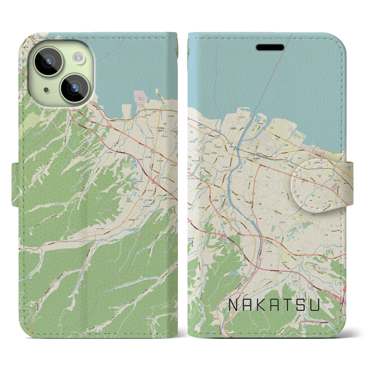 【中津(大分県)】地図柄iPhoneケース(手帳タイプ)ナチュラル・iPhone 15 用