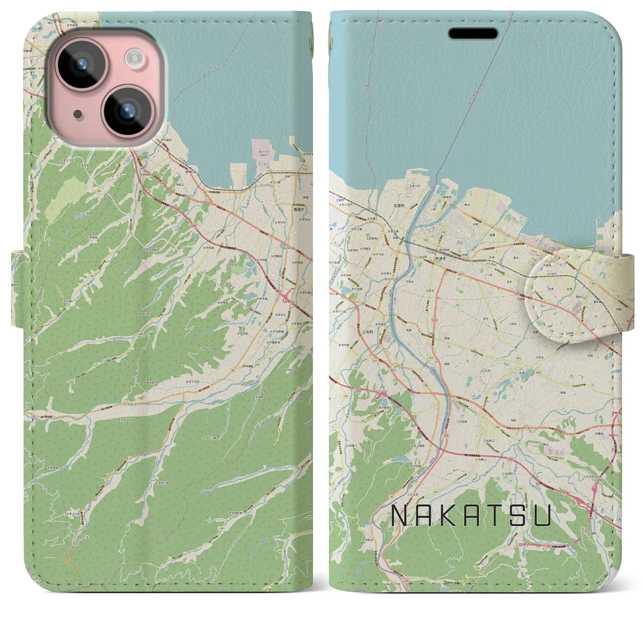 【中津(大分県)】地図柄iPhoneケース(手帳タイプ)ナチュラル・iPhone 15 Plus 用