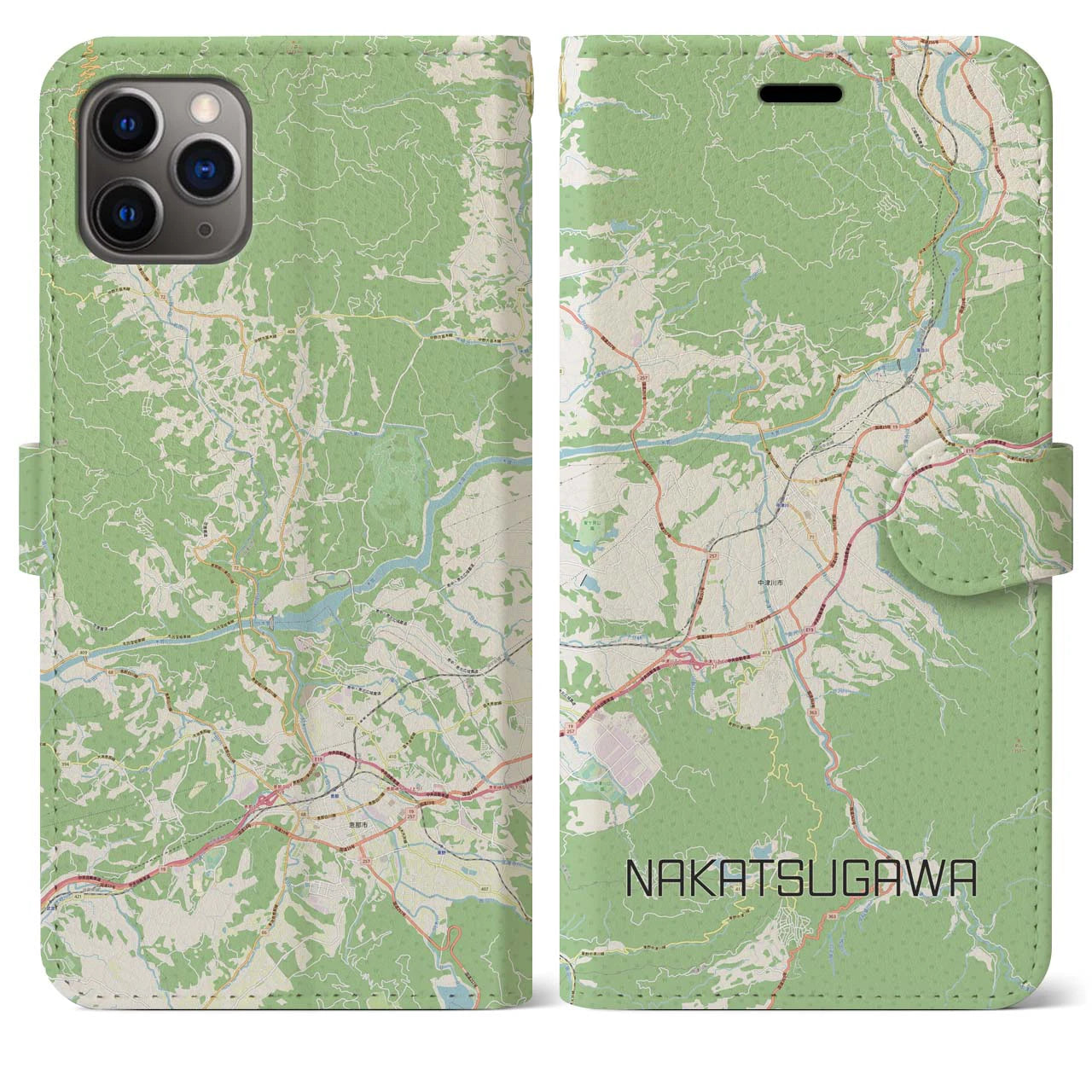 【中津川(岐阜県)】地図柄iPhoneケース(手帳タイプ)ナチュラル・iPhone 11 Pro Max 用