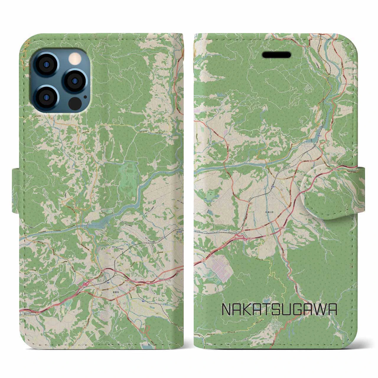 【中津川(岐阜県)】地図柄iPhoneケース(手帳タイプ)ナチュラル・iPhone 12 / 12 Pro 用