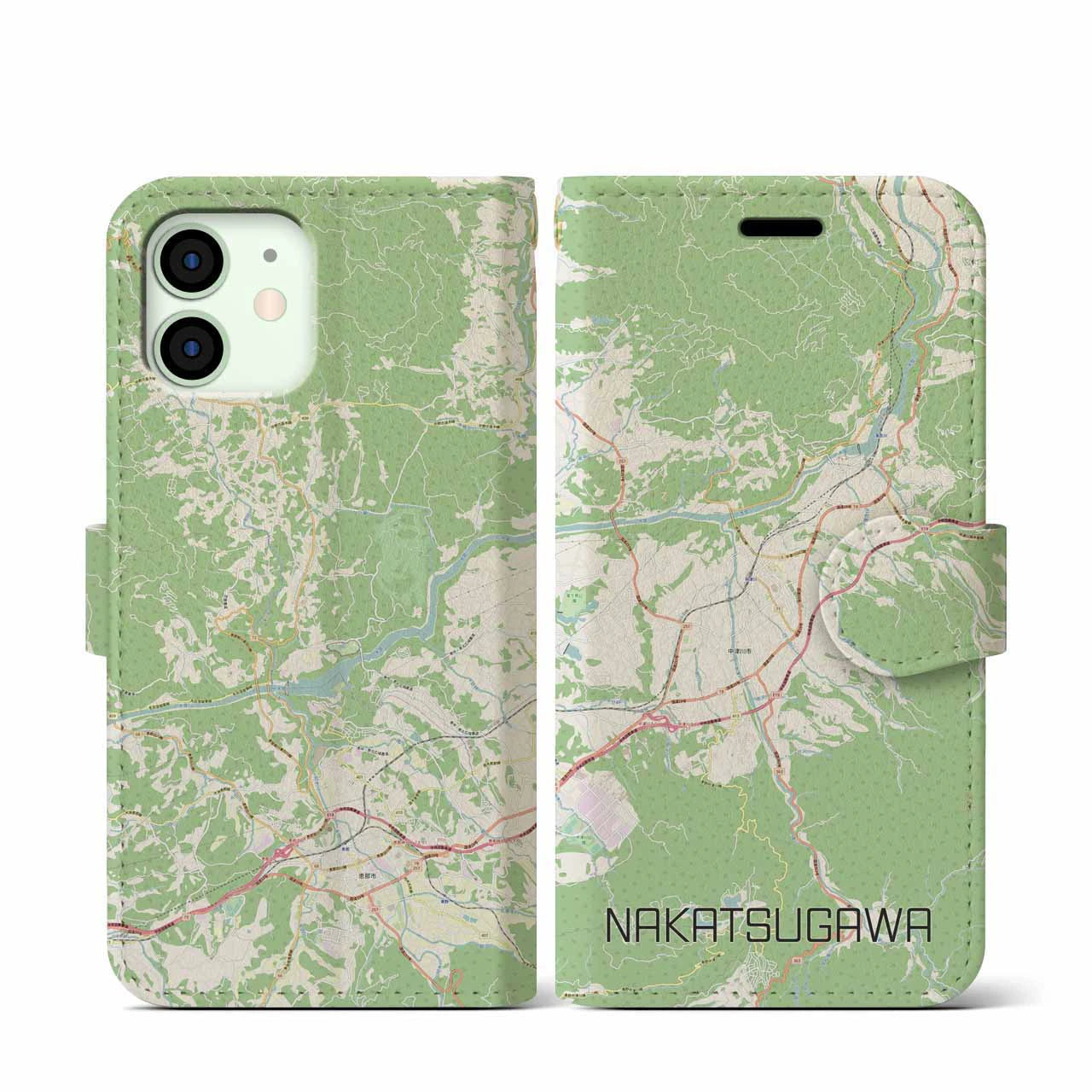 【中津川(岐阜県)】地図柄iPhoneケース(手帳タイプ)ナチュラル・iPhone 12 mini 用