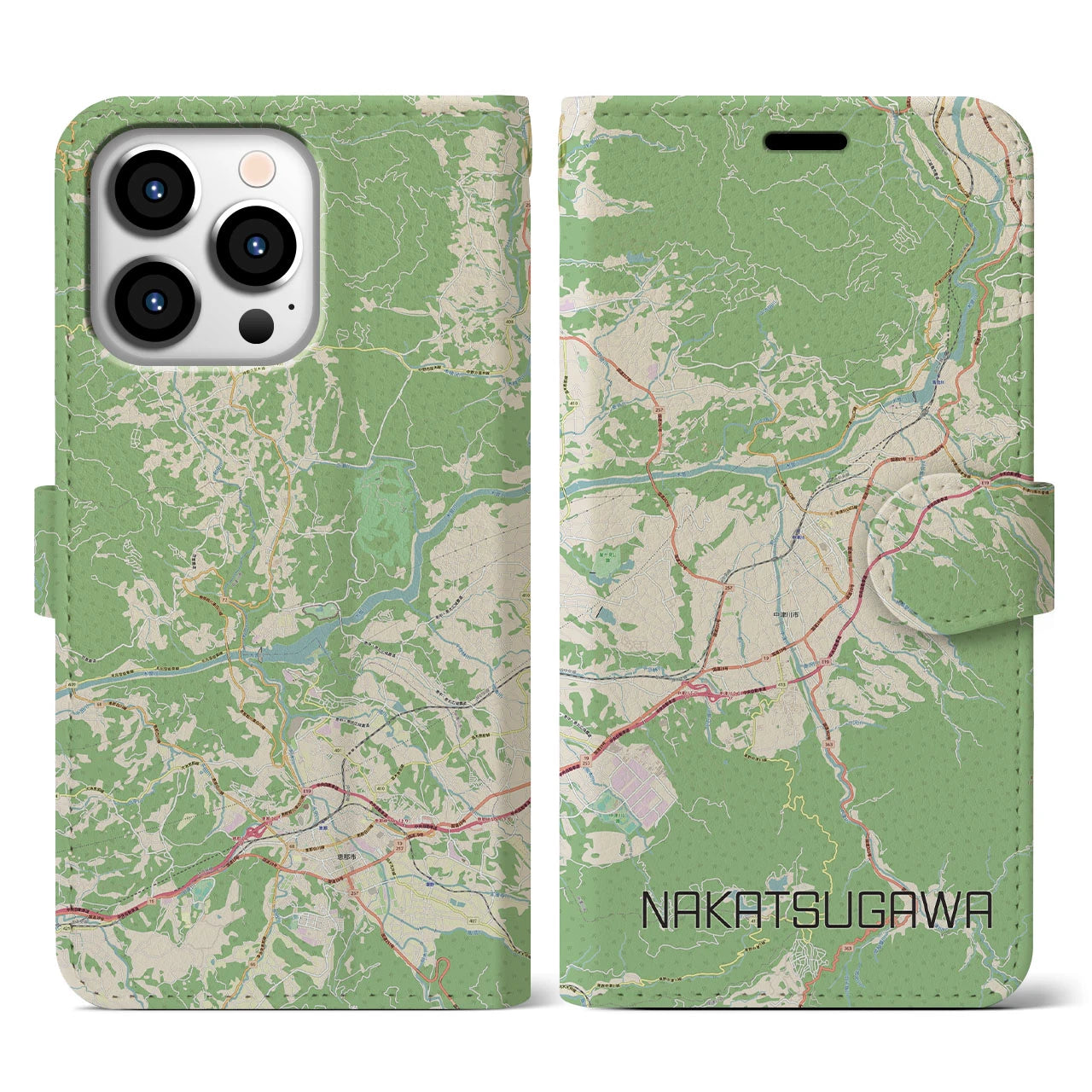 【中津川(岐阜県)】地図柄iPhoneケース(手帳タイプ)ナチュラル・iPhone 13 Pro 用