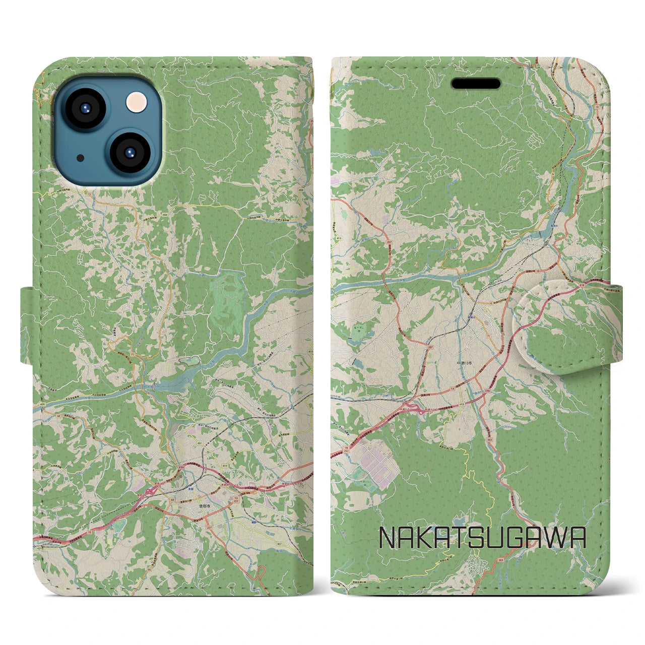 【中津川(岐阜県)】地図柄iPhoneケース(手帳タイプ)ナチュラル・iPhone 13 用