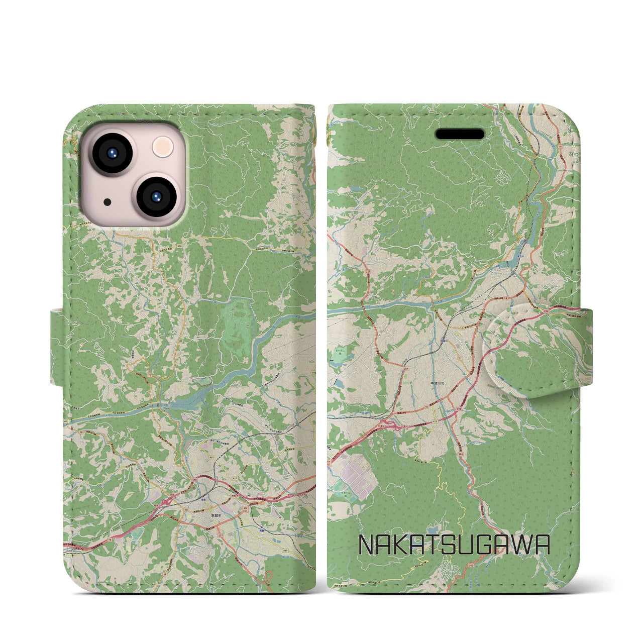 【中津川(岐阜県)】地図柄iPhoneケース(手帳タイプ)ナチュラル・iPhone 13 mini 用