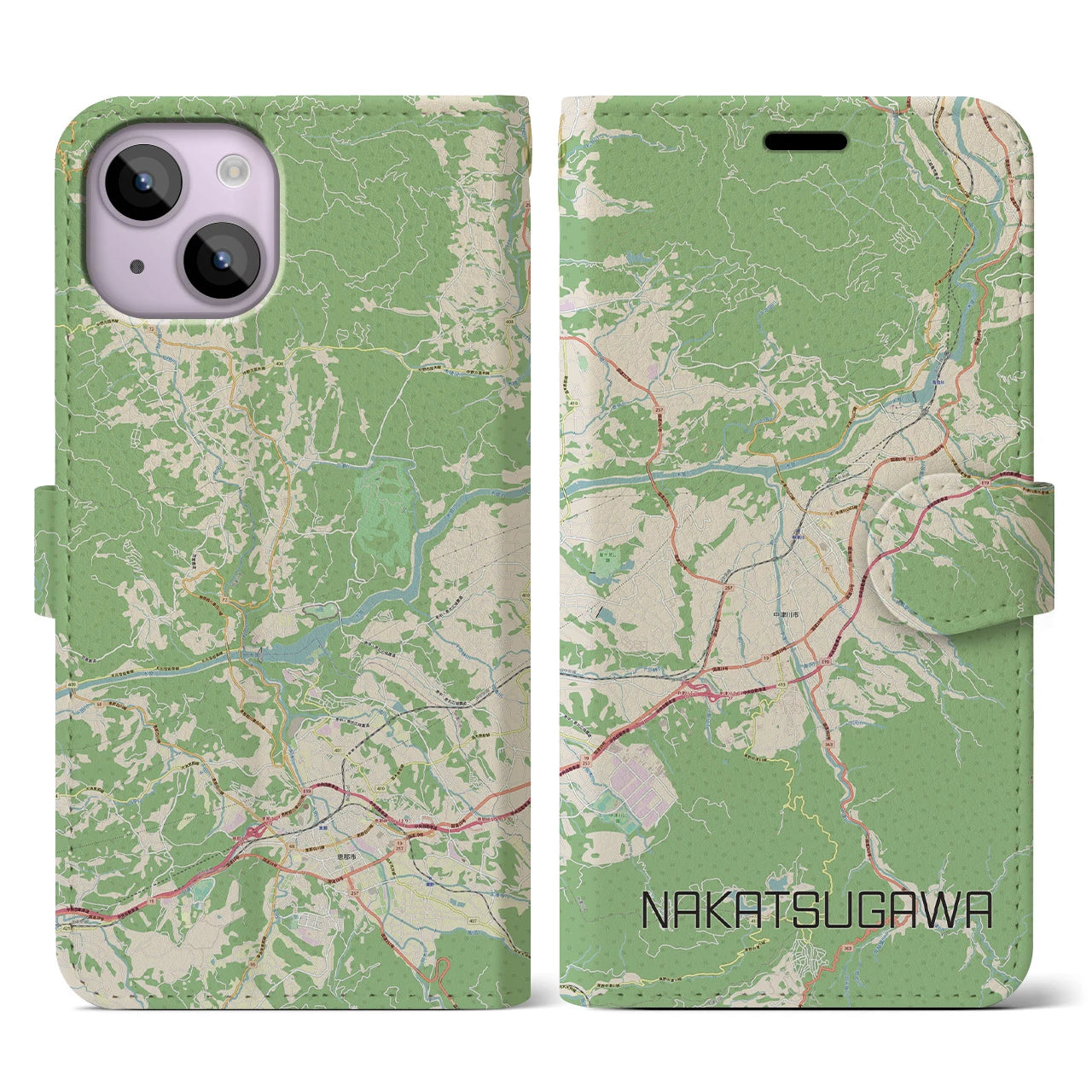 【中津川(岐阜県)】地図柄iPhoneケース(手帳タイプ)ナチュラル・iPhone 14 用