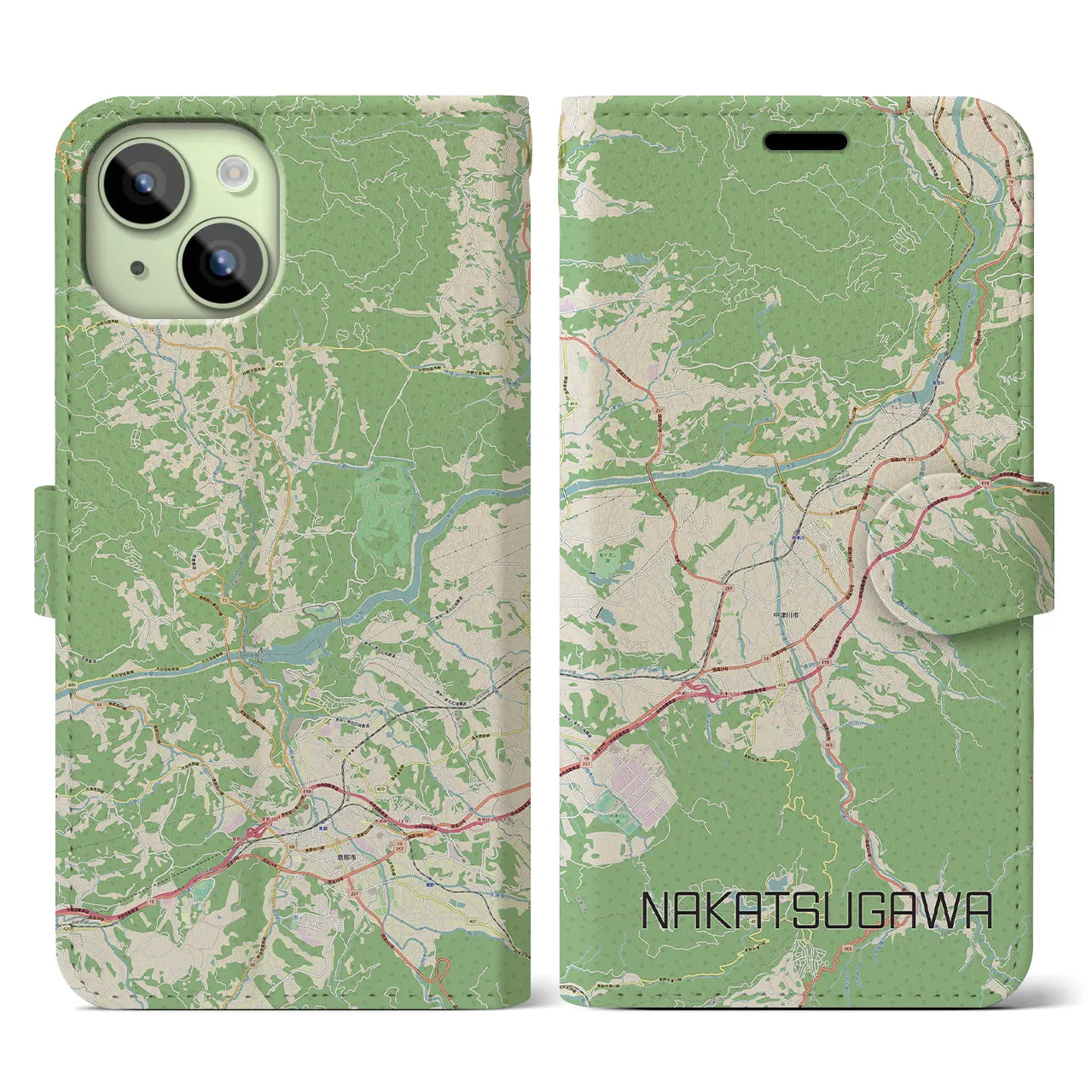 【中津川(岐阜県)】地図柄iPhoneケース(手帳タイプ)ナチュラル・iPhone 15 用
