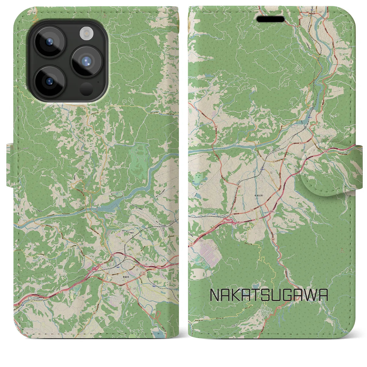 【中津川(岐阜県)】地図柄iPhoneケース(手帳タイプ)ナチュラル・iPhone 15 Pro Max 用