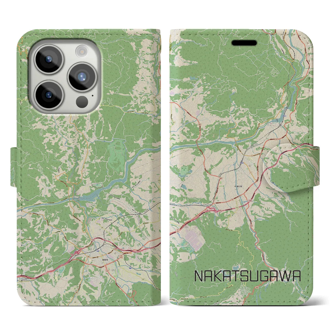【中津川(岐阜県)】地図柄iPhoneケース(手帳タイプ)ナチュラル・iPhone 15 Pro 用