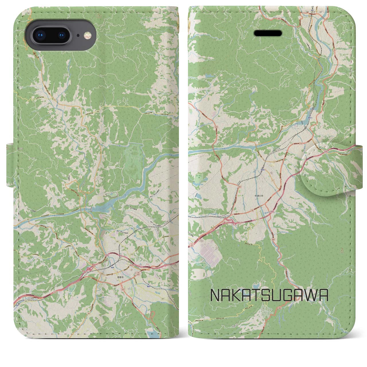 【中津川(岐阜県)】地図柄iPhoneケース(手帳タイプ)ナチュラル・iPhone 8Plus /7Plus / 6sPlus / 6Plus 用