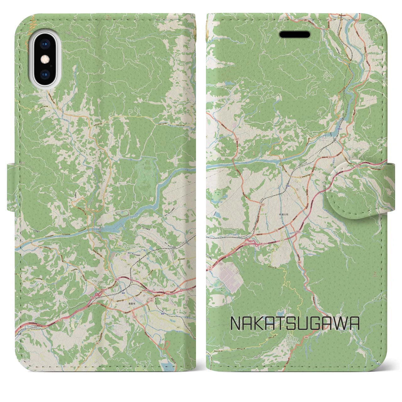 【中津川(岐阜県)】地図柄iPhoneケース(手帳タイプ)ナチュラル・iPhone XS Max 用