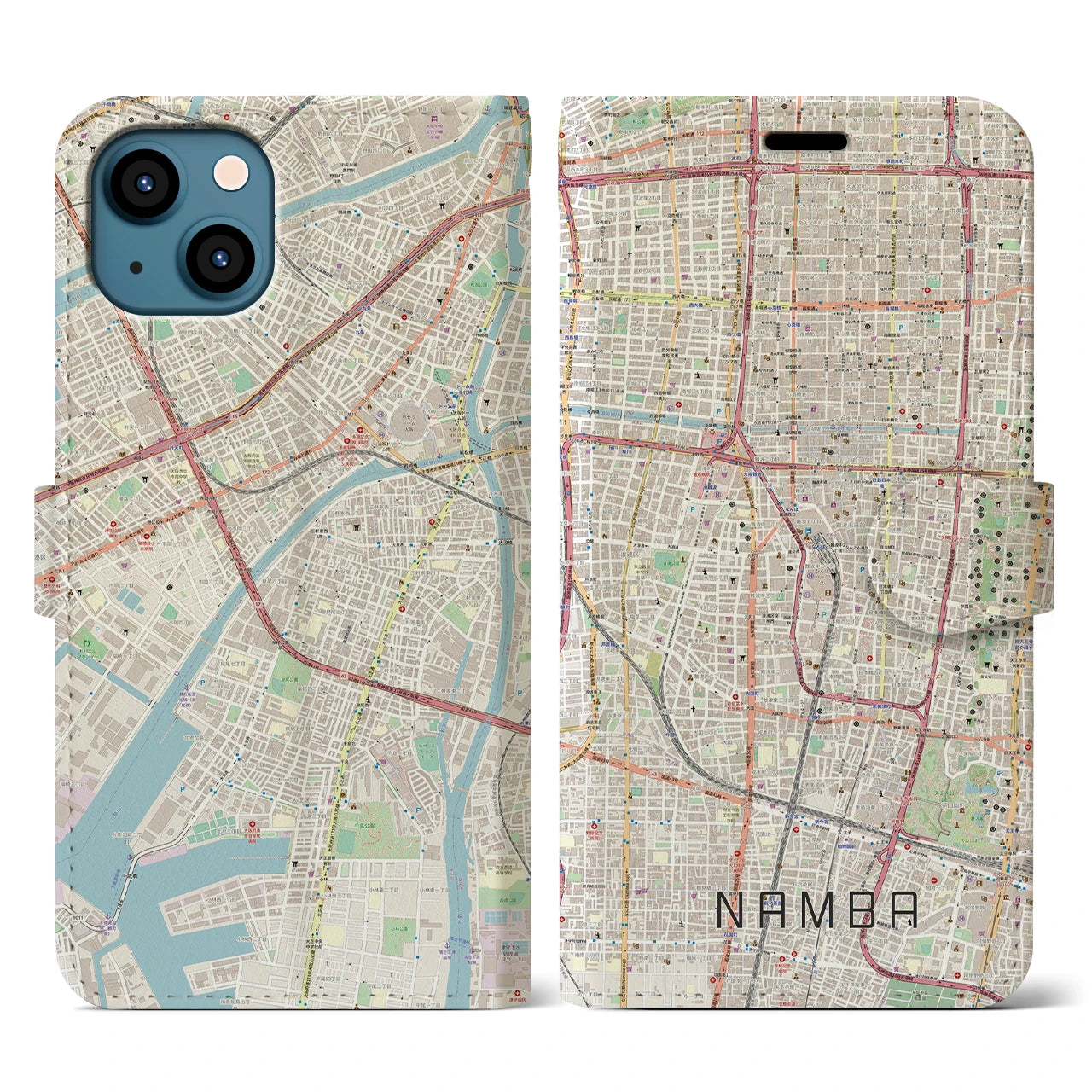 【難波(大阪府)】地図柄iPhoneケース(手帳タイプ)ナチュラル・iPhone 13 用
