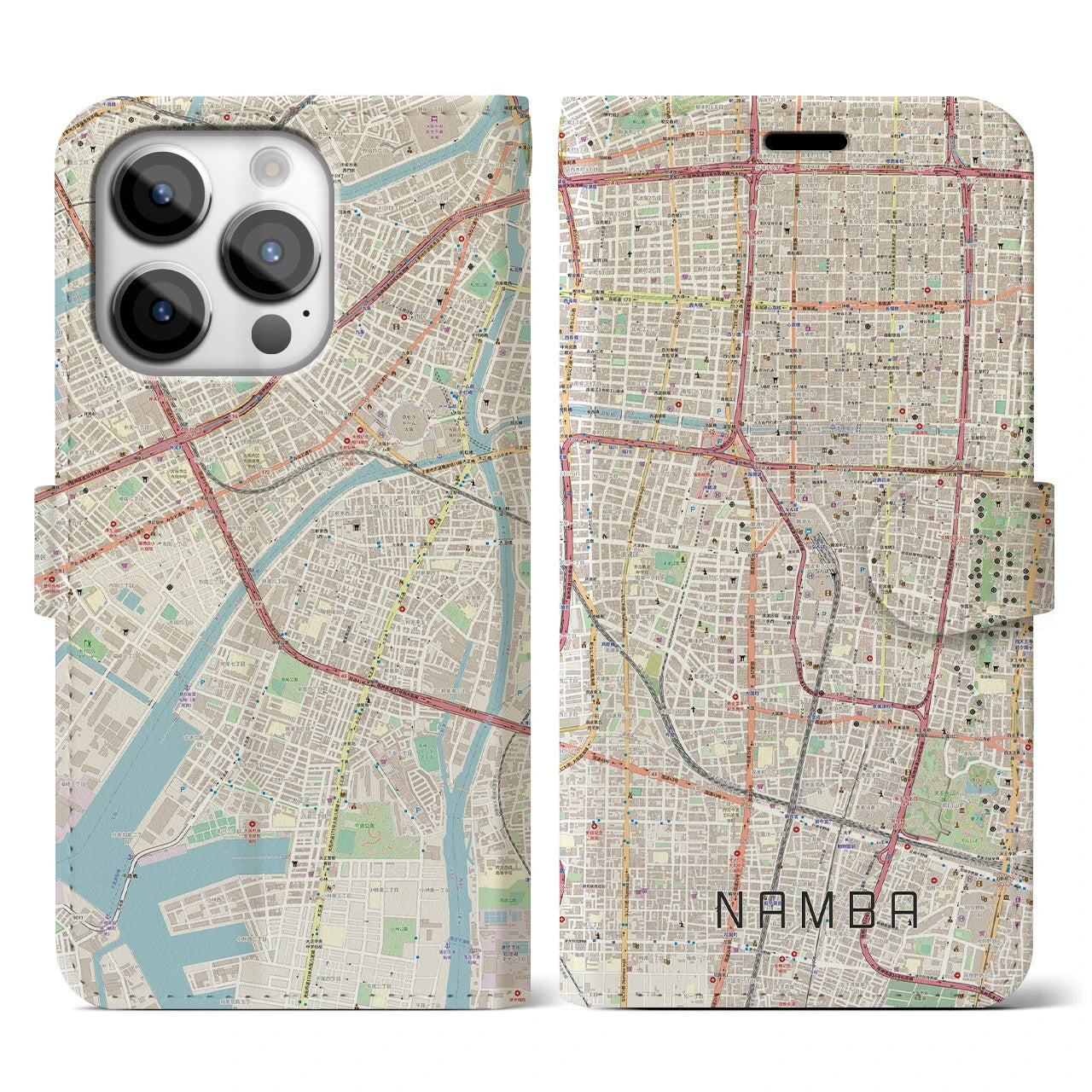 【難波(大阪府)】地図柄iPhoneケース(手帳タイプ)ナチュラル・iPhone 14 Pro 用
