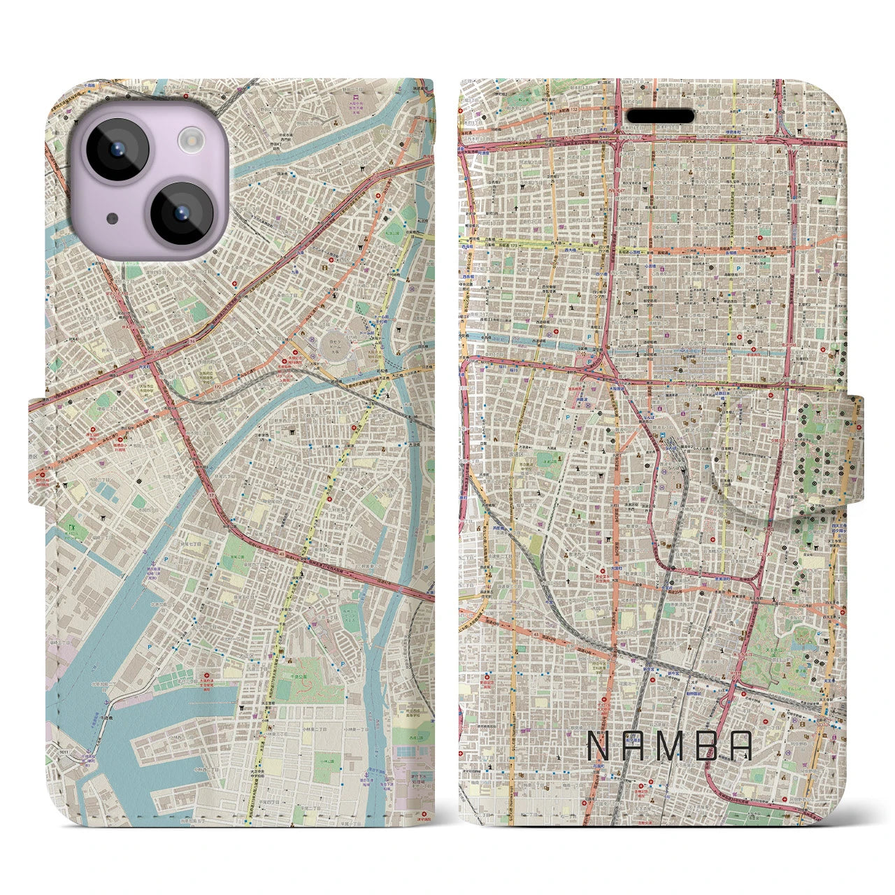 【難波(大阪府)】地図柄iPhoneケース(手帳タイプ)ナチュラル・iPhone 14 用