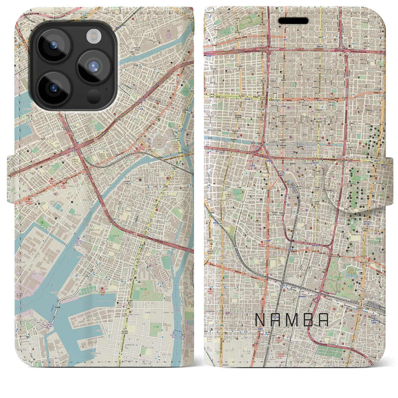 【難波(大阪府)】地図柄iPhoneケース(手帳タイプ)ナチュラル・iPhone 15 Pro Max 用