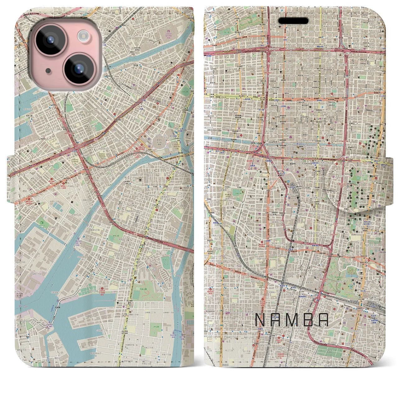 【難波(大阪府)】地図柄iPhoneケース(手帳タイプ)ナチュラル・iPhone 15 Plus 用
