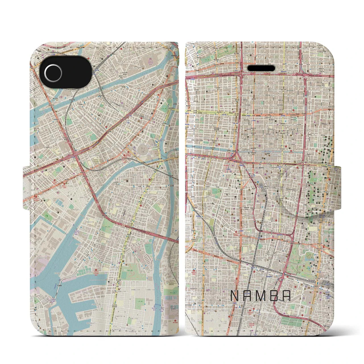 【難波(大阪府)】地図柄iPhoneケース(手帳タイプ)ナチュラル・iPhone SE(第3 / 第2世代) / 8 / 7 / 6s / 6 用