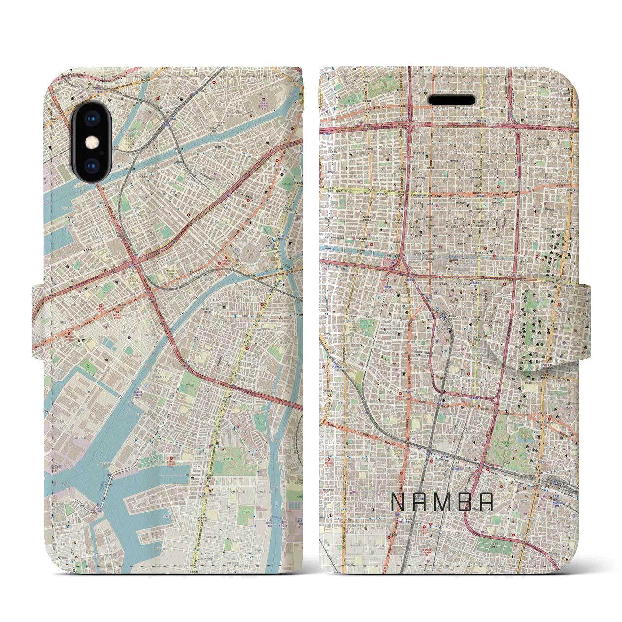 【難波(大阪府)】地図柄iPhoneケース(手帳タイプ)ナチュラル・iPhone XS / X 用