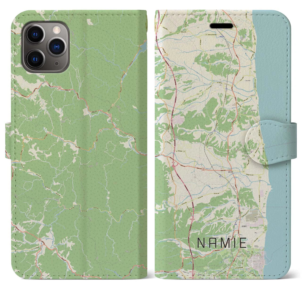【浪江(福島県)】地図柄iPhoneケース(手帳タイプ)ナチュラル・iPhone 11 Pro Max 用