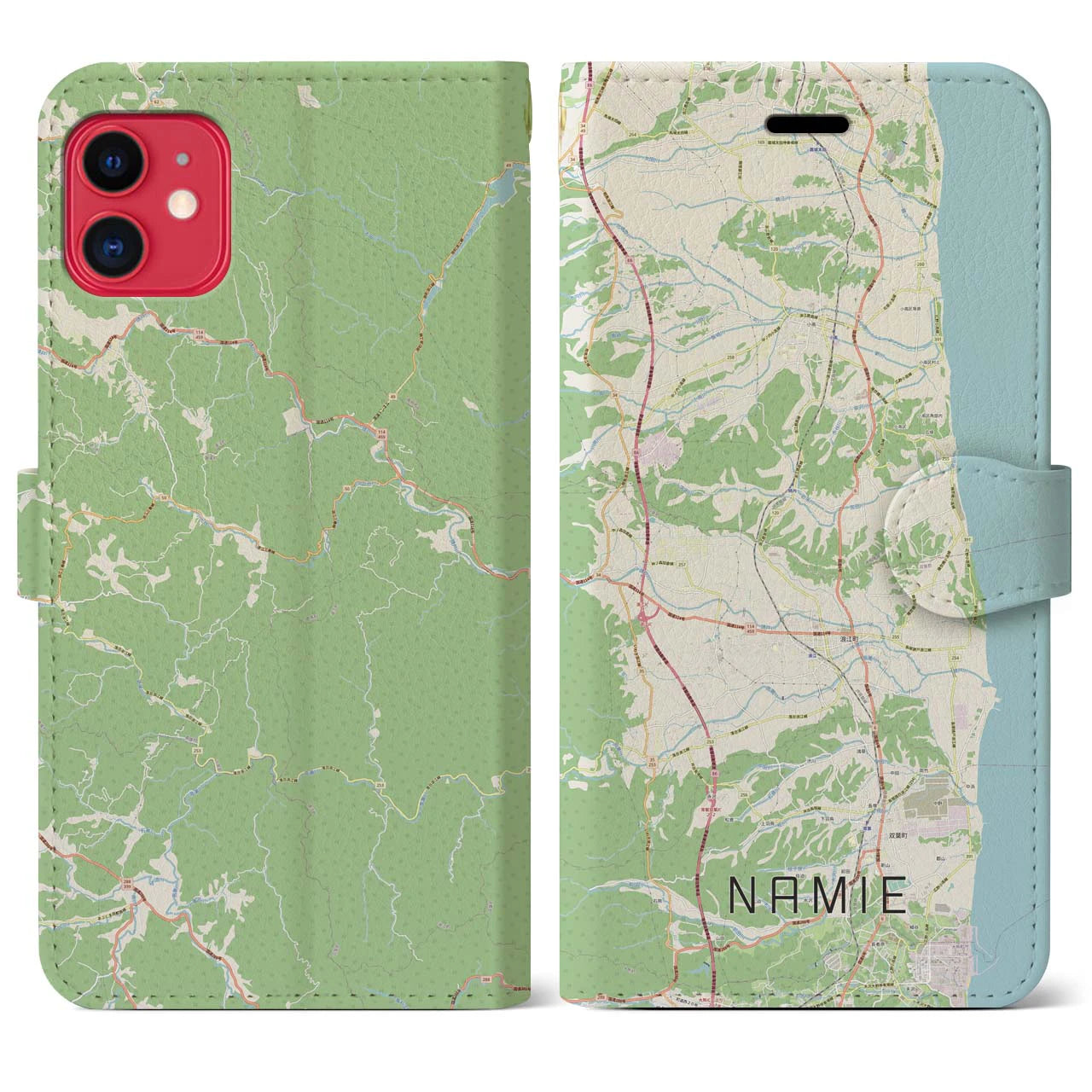 【浪江(福島県)】地図柄iPhoneケース(手帳タイプ)ナチュラル・iPhone 11 用