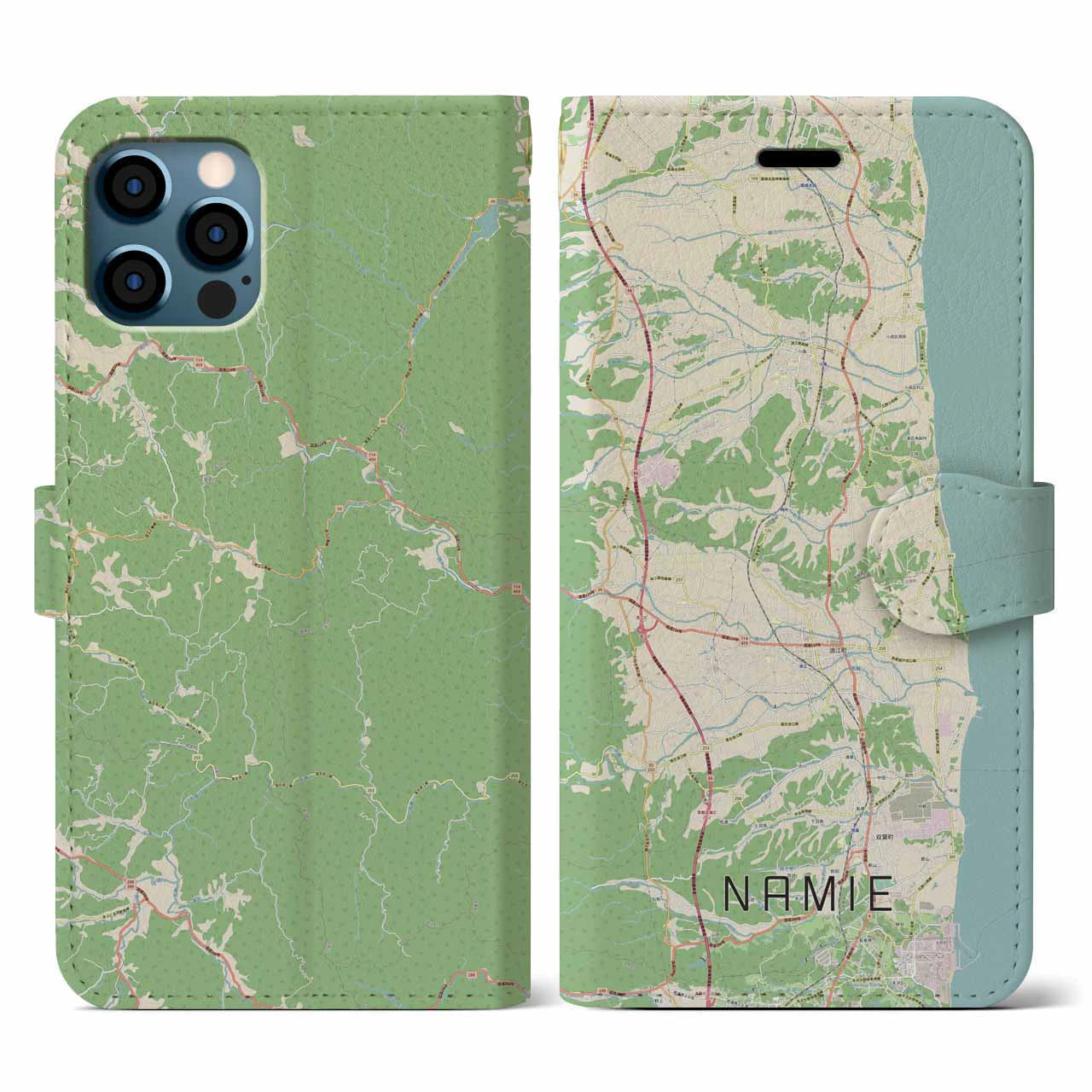 【浪江(福島県)】地図柄iPhoneケース(手帳タイプ)ナチュラル・iPhone 12 / 12 Pro 用