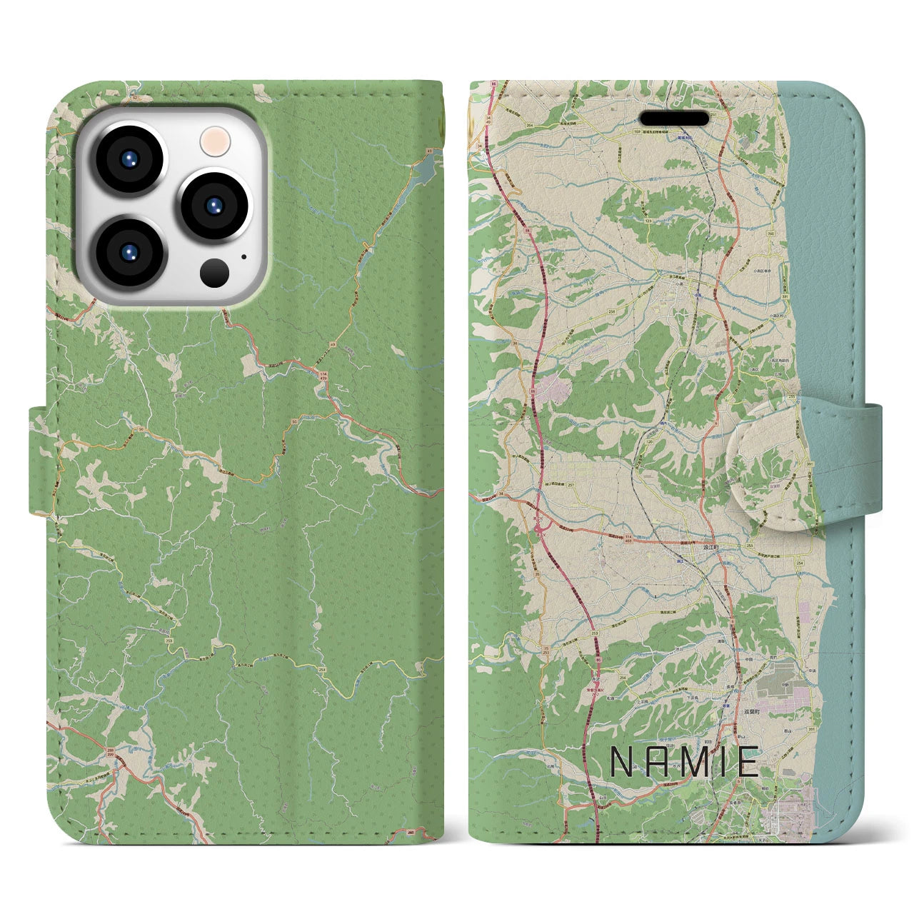 【浪江(福島県)】地図柄iPhoneケース(手帳タイプ)ナチュラル・iPhone 13 Pro 用
