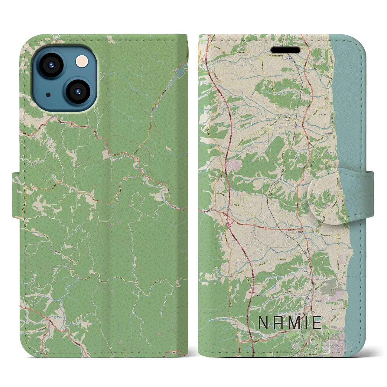【浪江(福島県)】地図柄iPhoneケース(手帳タイプ)ナチュラル・iPhone 13 用
