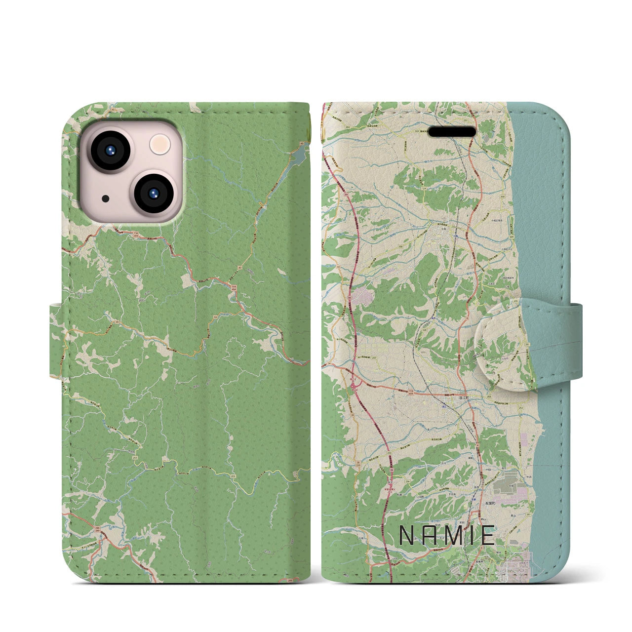 【浪江(福島県)】地図柄iPhoneケース(手帳タイプ)ナチュラル・iPhone 13 mini 用