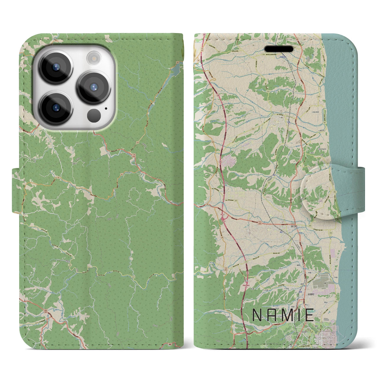 【浪江(福島県)】地図柄iPhoneケース(手帳タイプ)ナチュラル・iPhone 14 Pro 用