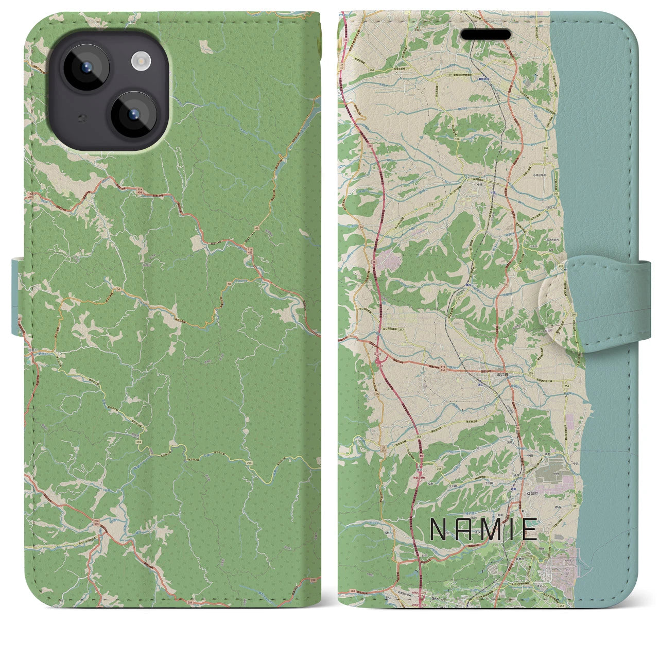 【浪江(福島県)】地図柄iPhoneケース(手帳タイプ)ナチュラル・iPhone 14 Plus 用