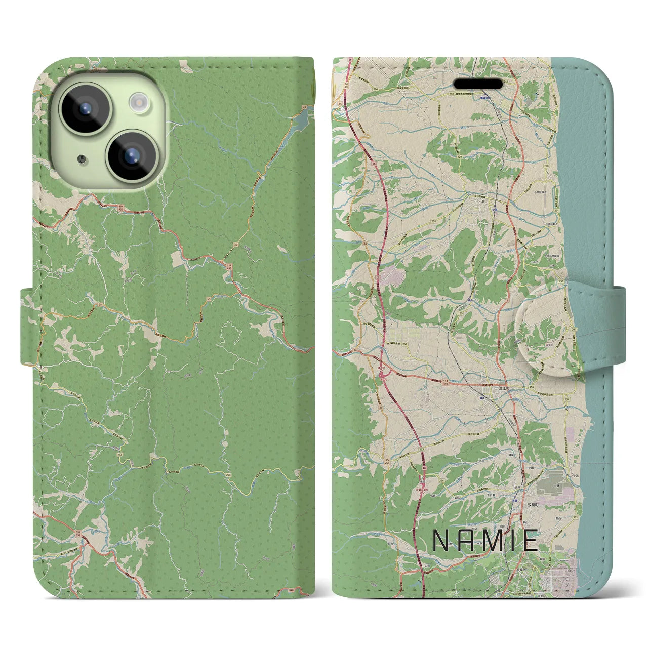 【浪江(福島県)】地図柄iPhoneケース(手帳タイプ)ナチュラル・iPhone 15 用