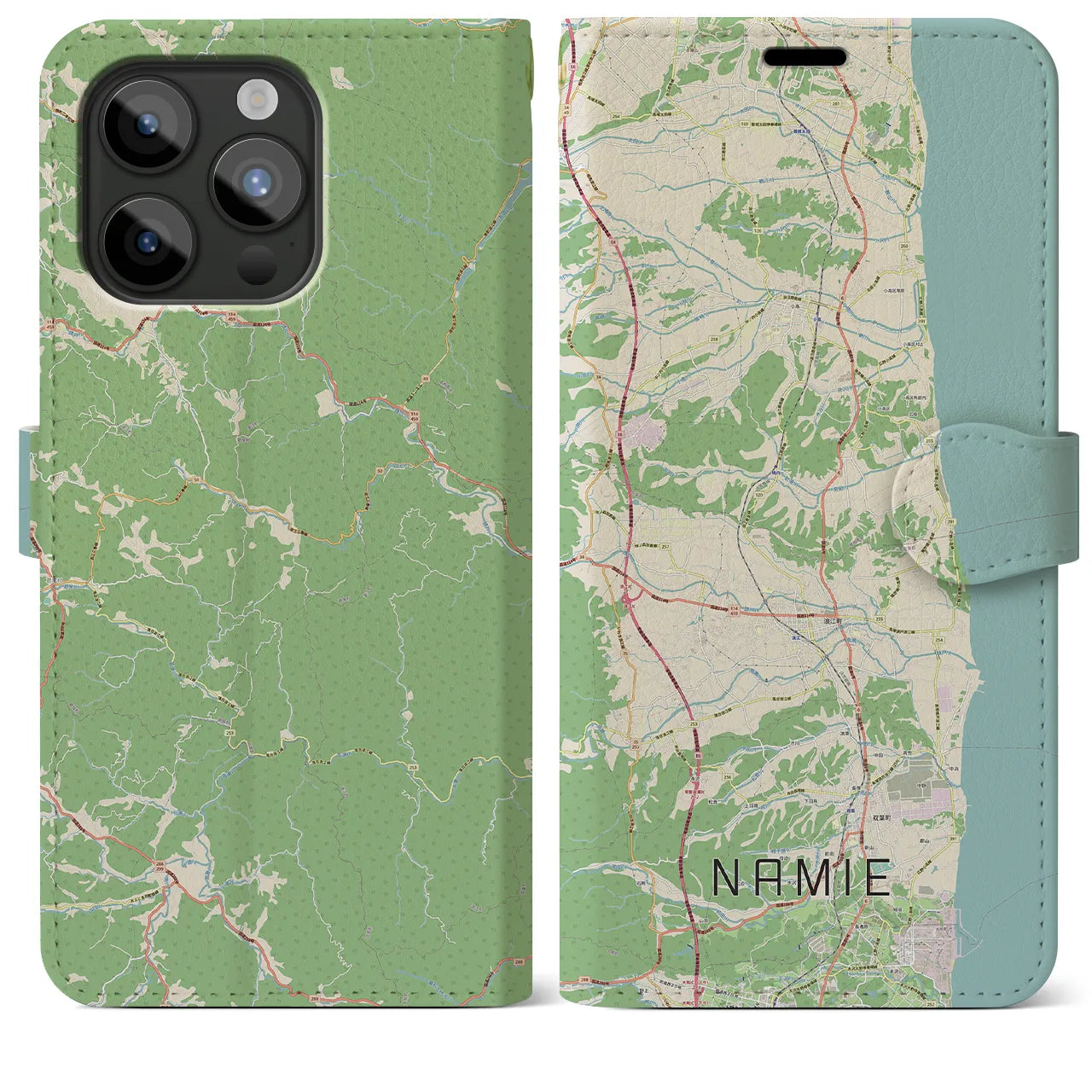 【浪江(福島県)】地図柄iPhoneケース(手帳タイプ)ナチュラル・iPhone 15 Pro Max 用