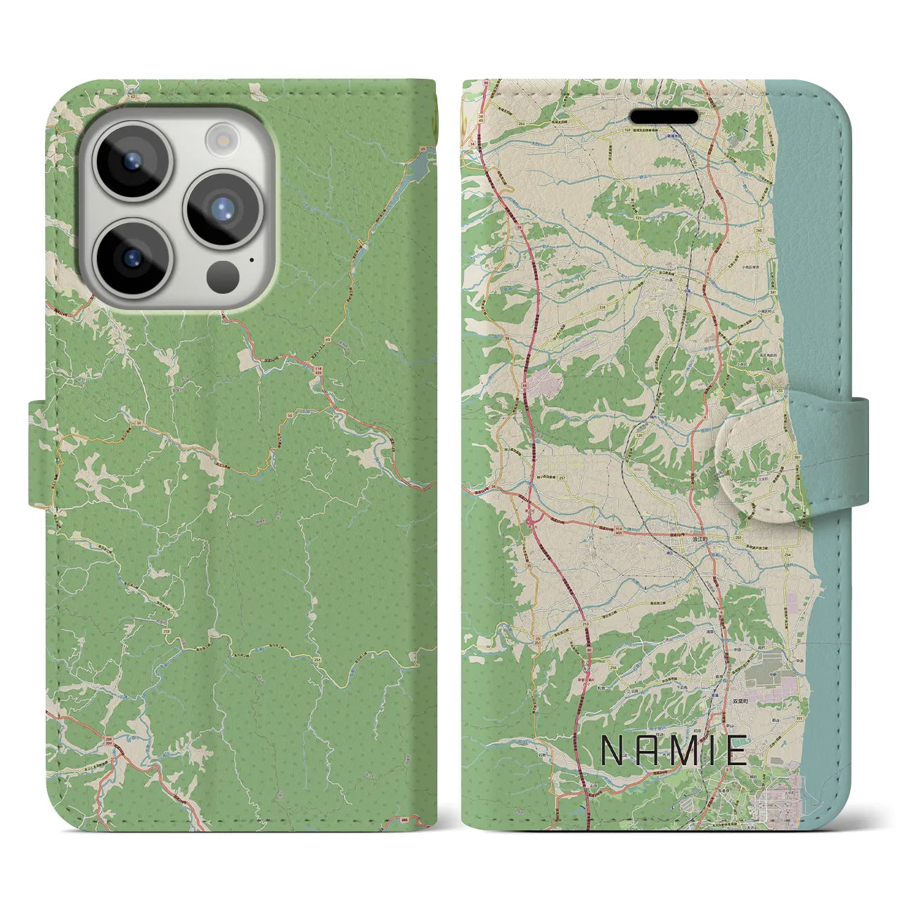 【浪江(福島県)】地図柄iPhoneケース(手帳タイプ)ナチュラル・iPhone 15 Pro 用