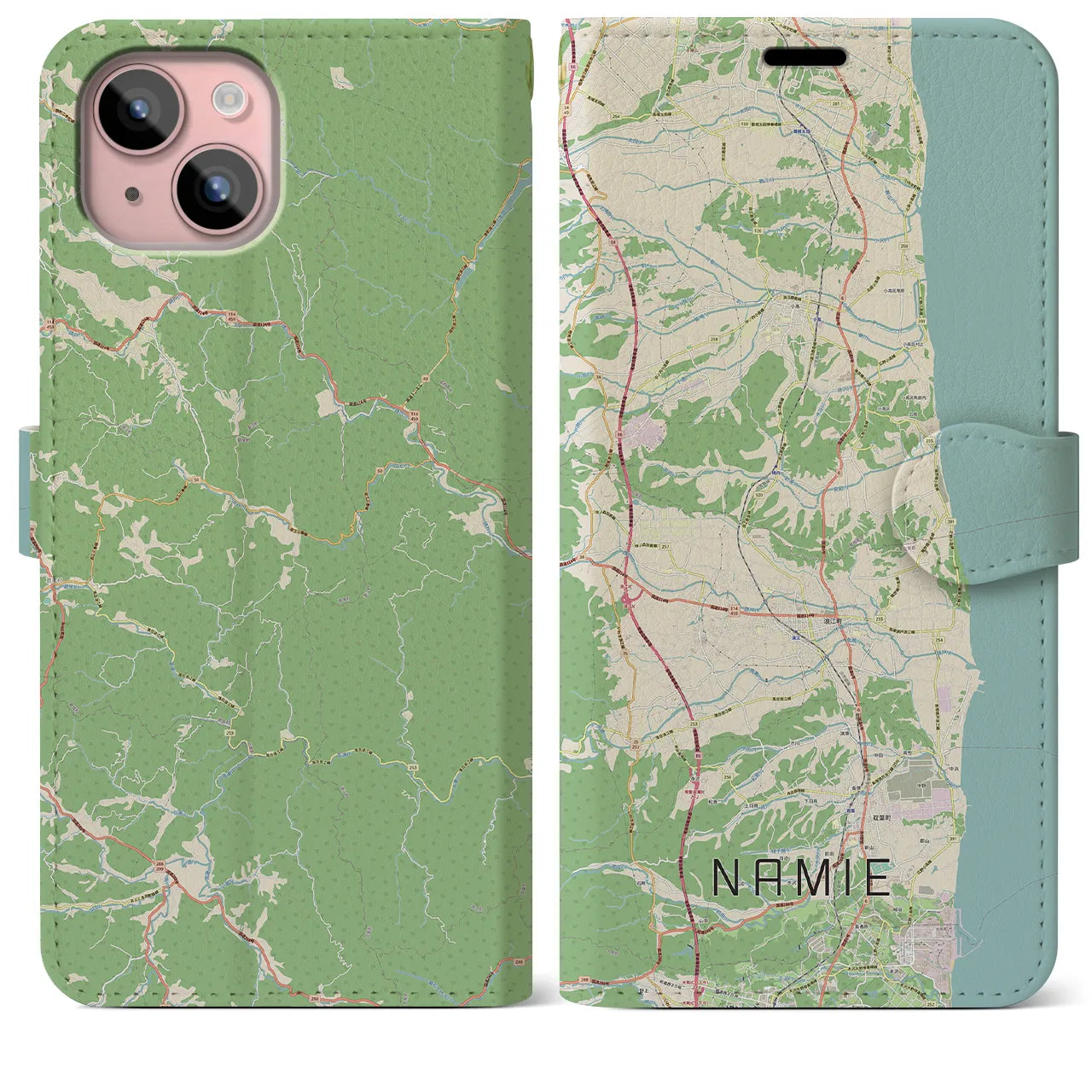 【浪江(福島県)】地図柄iPhoneケース(手帳タイプ)ナチュラル・iPhone 15 Plus 用