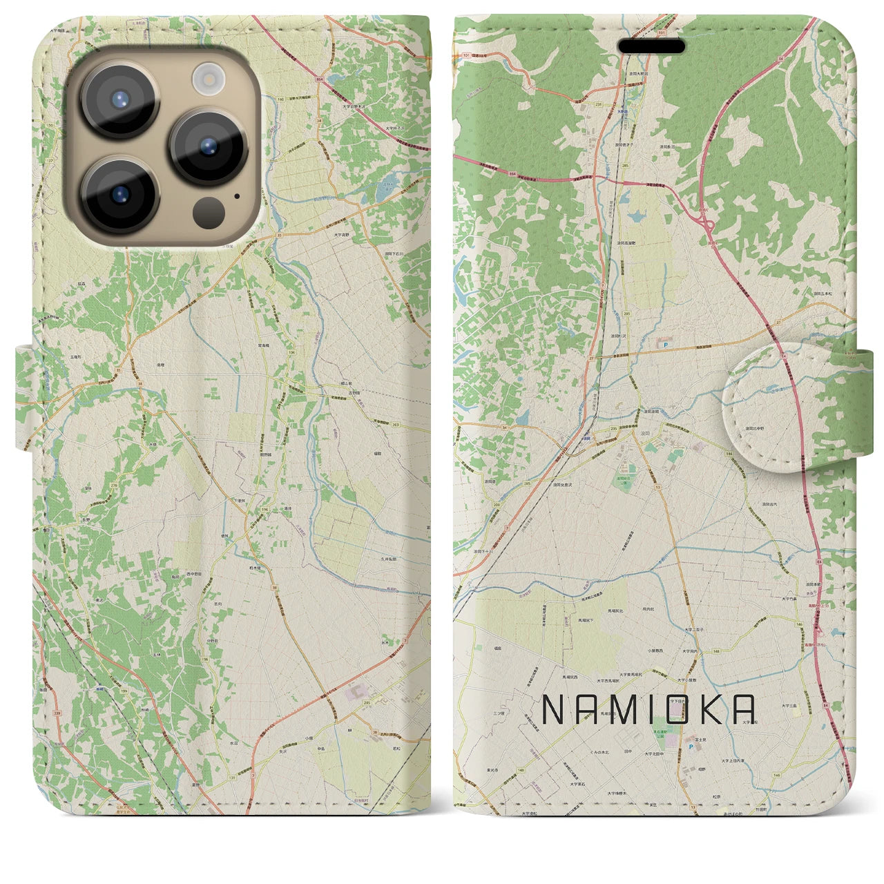 【浪岡(青森県)】地図柄iPhoneケース(手帳タイプ)ナチュラル・iPhone 14 Pro Max 用
