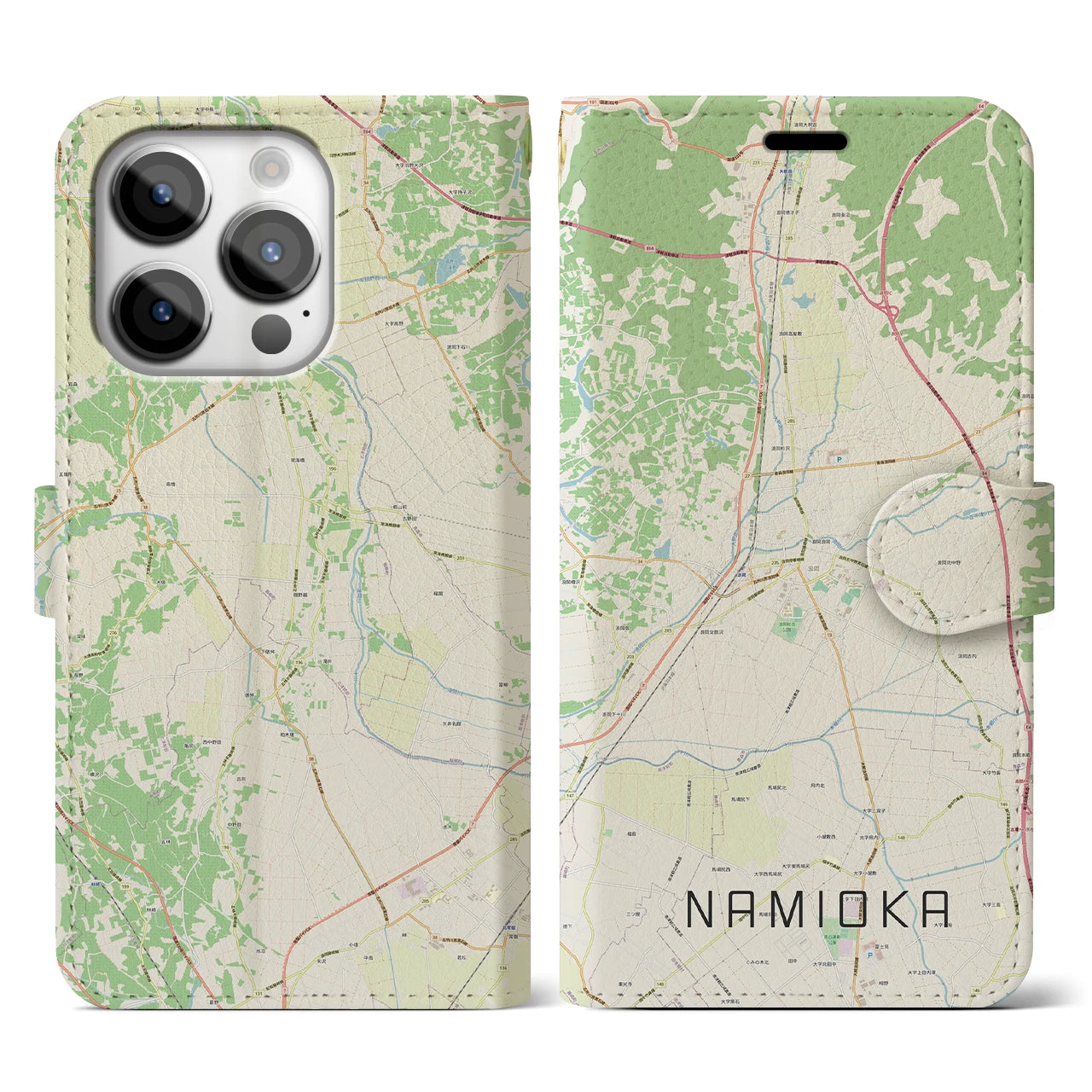 【浪岡(青森県)】地図柄iPhoneケース(手帳タイプ)ナチュラル・iPhone 14 Pro 用