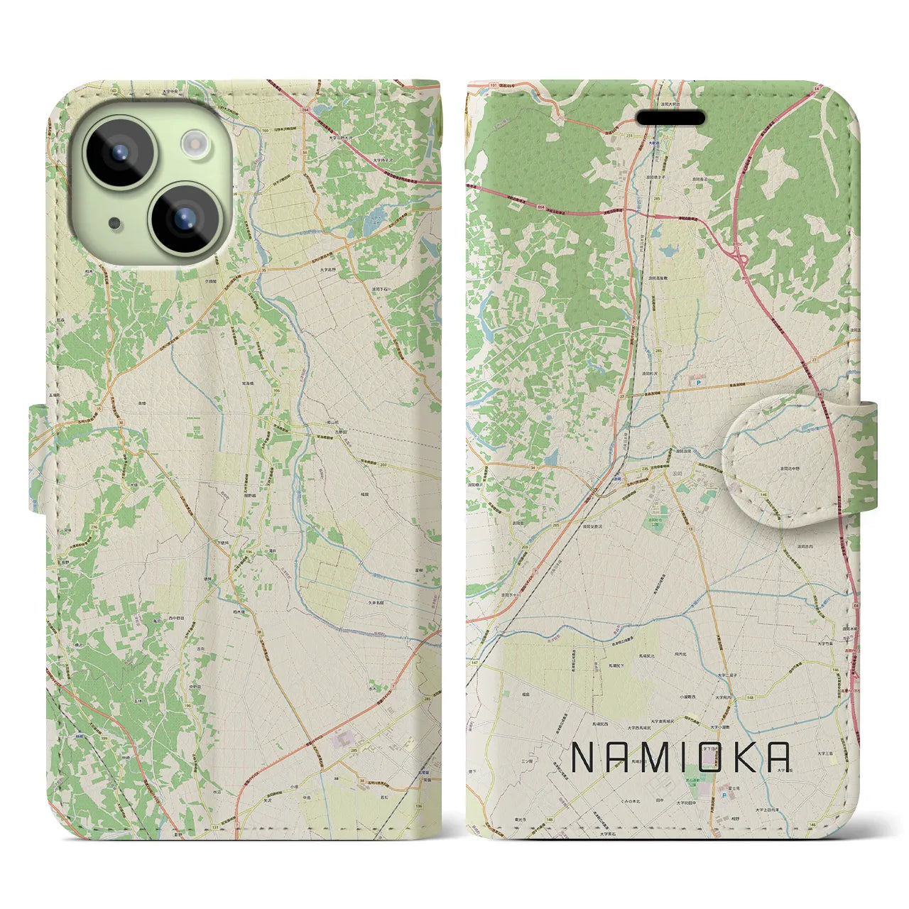 【浪岡(青森県)】地図柄iPhoneケース(手帳タイプ)ナチュラル・iPhone 15 用