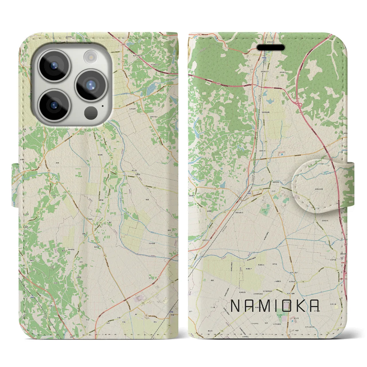 【浪岡(青森県)】地図柄iPhoneケース(手帳タイプ)ナチュラル・iPhone 15 Pro 用