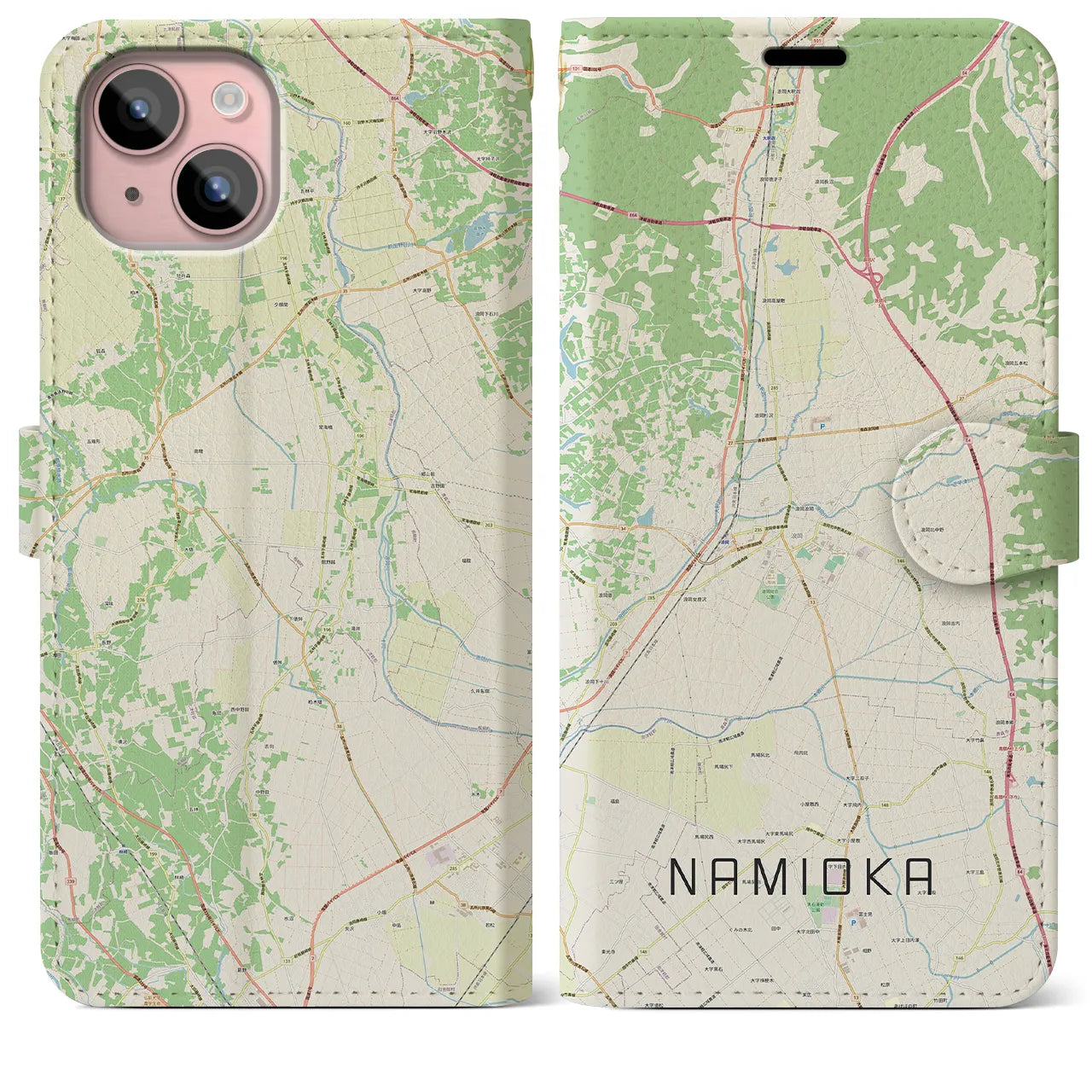 【浪岡(青森県)】地図柄iPhoneケース(手帳タイプ)ナチュラル・iPhone 15 Plus 用