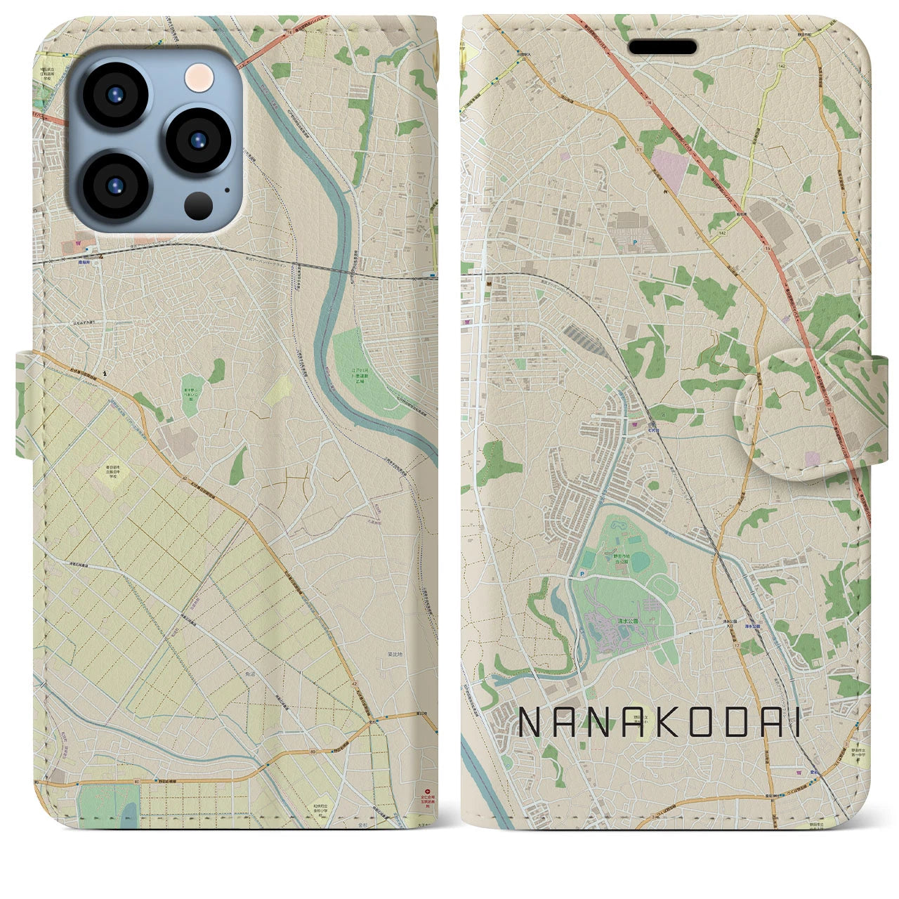 【七光台(千葉県)】地図柄iPhoneケース(手帳タイプ)ナチュラル・iPhone 13 Pro Max 用