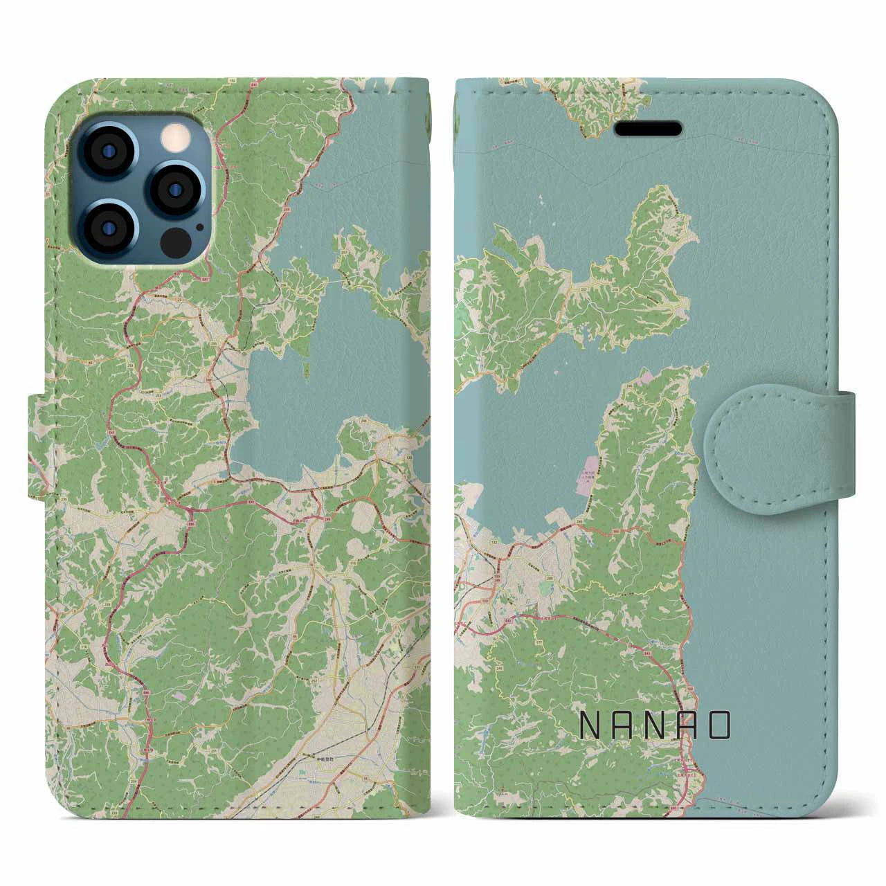 【七尾(石川県)】地図柄iPhoneケース(手帳タイプ)ナチュラル・iPhone 12 / 12 Pro 用