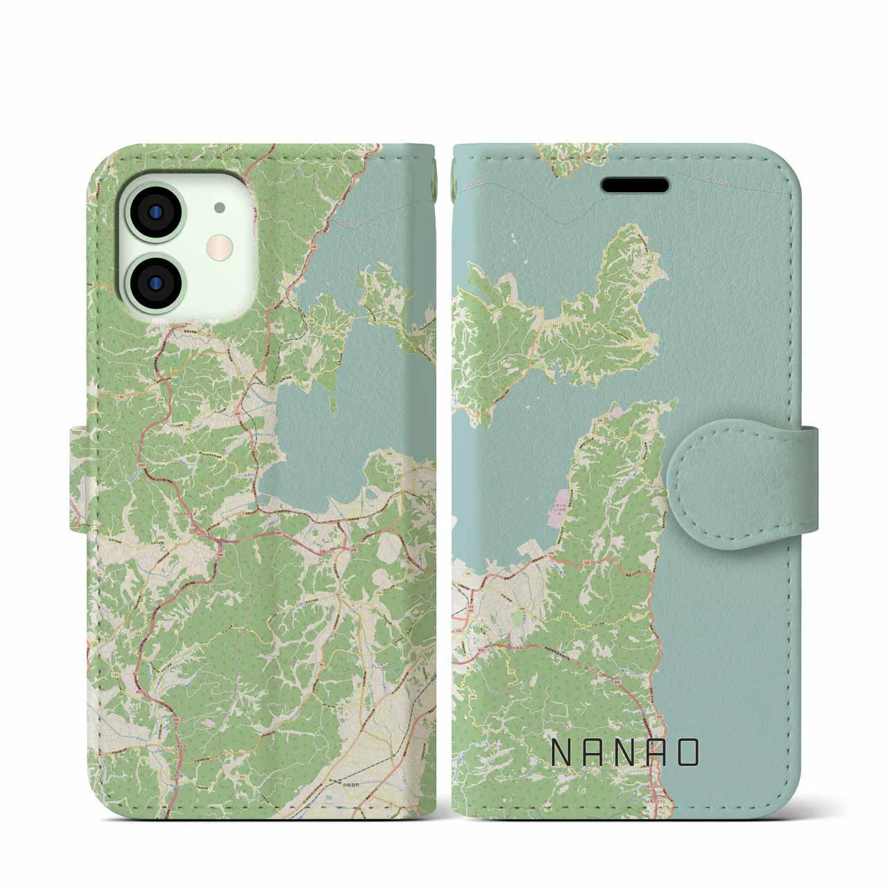 【七尾(石川県)】地図柄iPhoneケース(手帳タイプ)ナチュラル・iPhone 12 mini 用