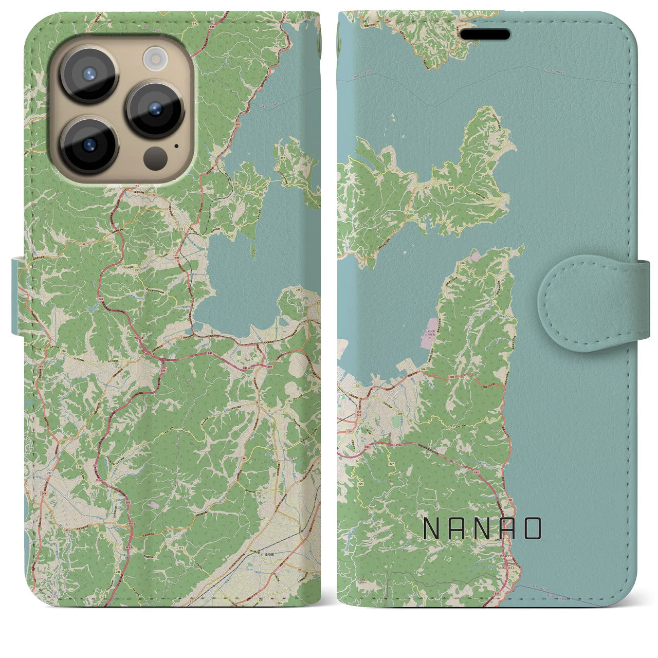 【七尾(石川県)】地図柄iPhoneケース(手帳タイプ)ナチュラル・iPhone 14 Pro Max 用