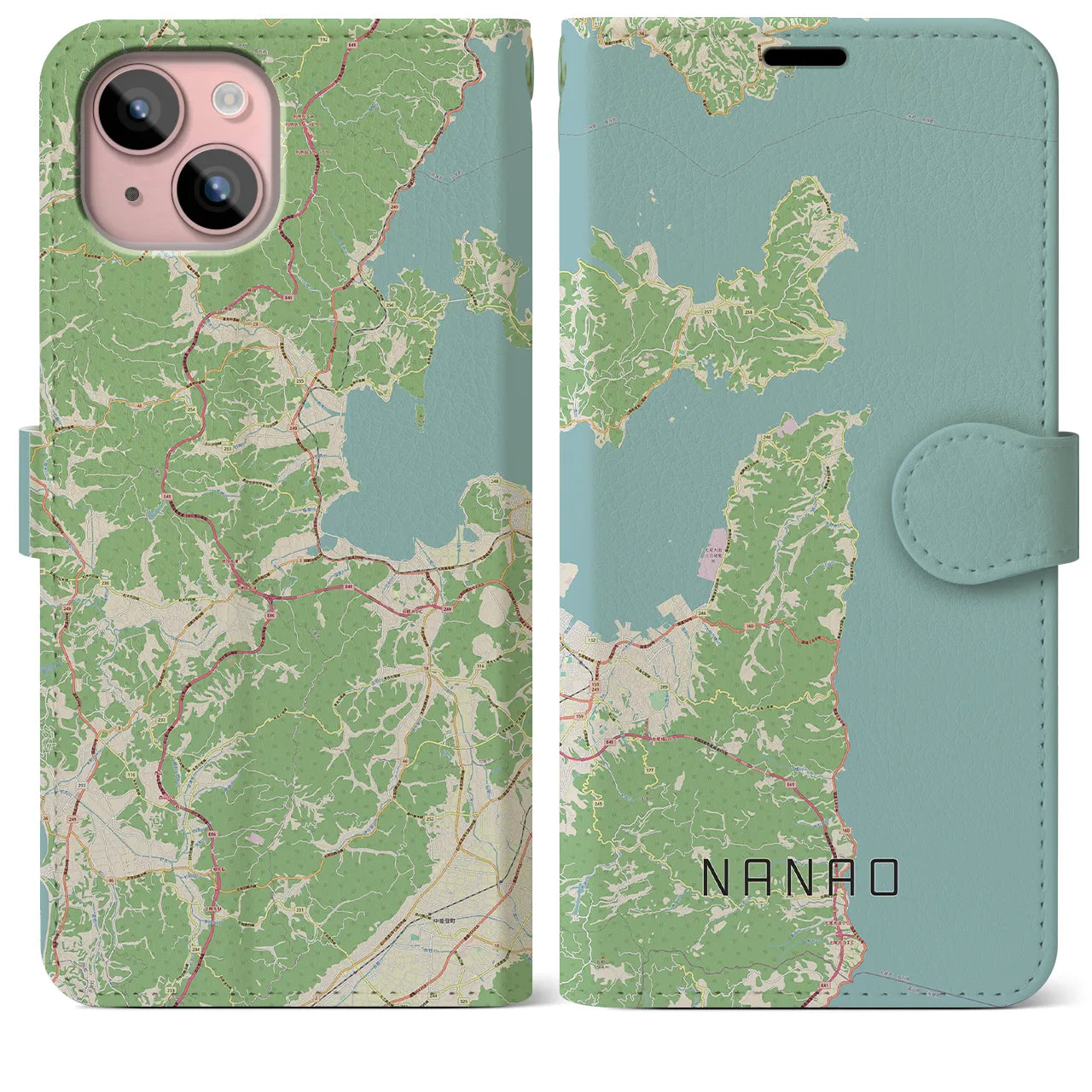 【七尾(石川県)】地図柄iPhoneケース(手帳タイプ)ナチュラル・iPhone 15 Plus 用