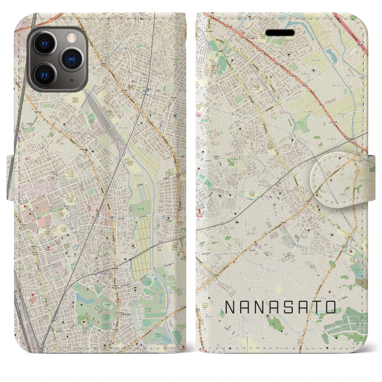 【七里(埼玉県)】地図柄iPhoneケース(手帳タイプ)ナチュラル・iPhone 11 Pro Max 用