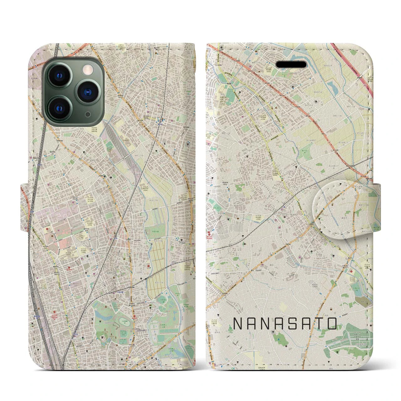【七里(埼玉県)】地図柄iPhoneケース(手帳タイプ)ナチュラル・iPhone 11 Pro 用